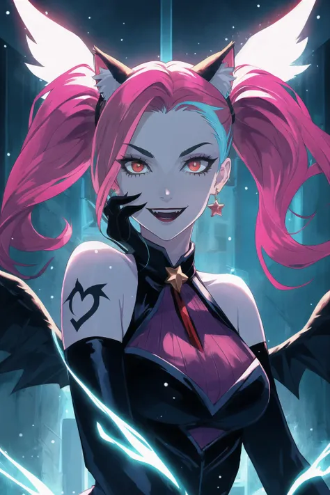 a woman with pink hair and horns in a black outfit