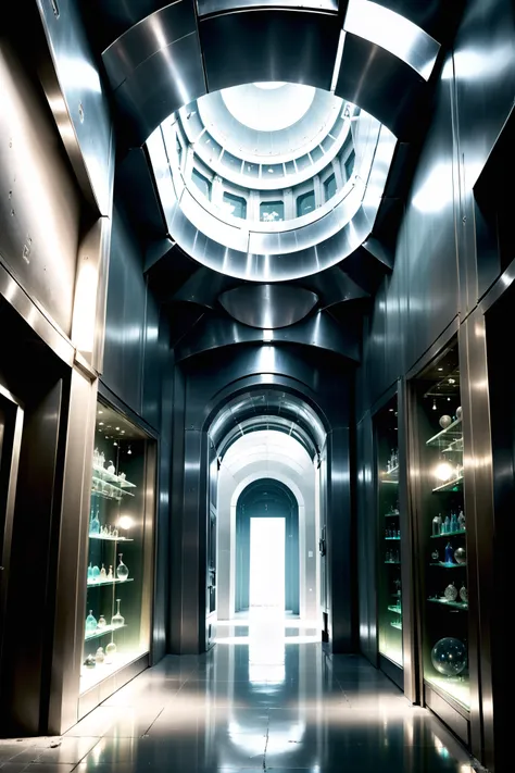 arafed view of a hallway with a circular ceiling and a glass door