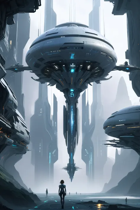 a woman standing in front of a futuristic city with a spaceship in the background