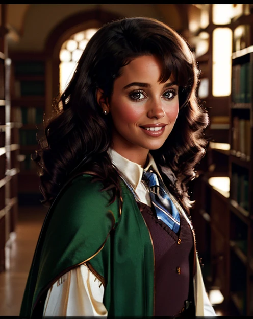 a close up of a woman in a library with a book shelf