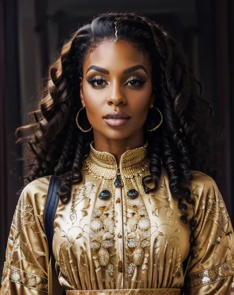 a woman with long curly hair wearing a gold dress