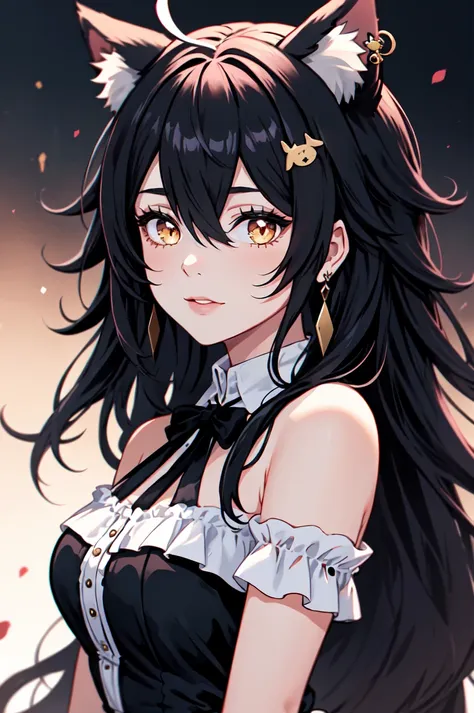 anime girl with long black hair and cat ears