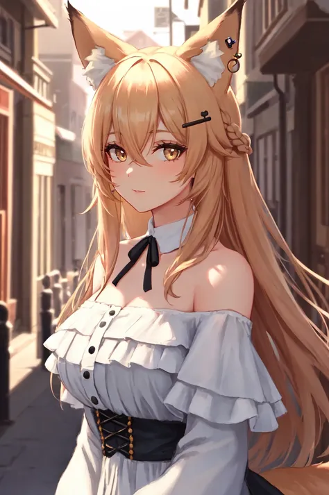 anime girl with long hair and ears in a white dress