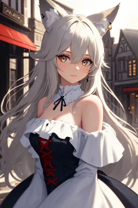 anime girl with long white hair and cat ears in a white dress