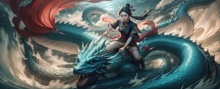 very wide shot, dynamic angle, from above,chinese mythology, (1girl,chinese girl  fighting:1.2 at white chinese-dragon),(bun,bla...