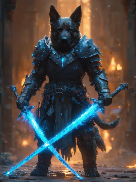 cinematic side lighting, full body, very dark highpoly 3D render of a tall anthro german shepherd  <lora:XLAddDetail:0.7>. wielding glowing blue crystal dual swords <lora:XL_Weapon_Dual_Swords_-_By_HailoKnight:1.0>. Guild Wars 2 Guardian, smoke aura