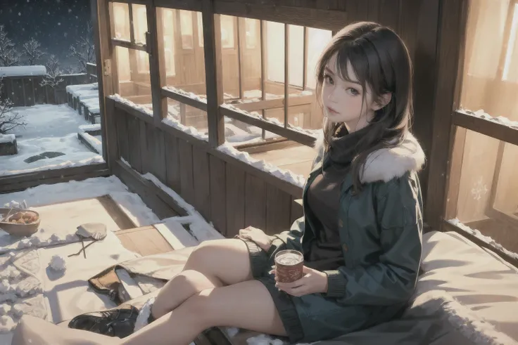 <(realistic:1.4), (extremely intricate:1.2)>, 1girl, solo, portrait closeup, sitting, ambient light, night, indoor, (snowy, winter, cold), casual, looking at viewer,
