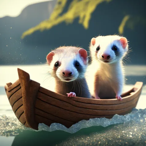 (tiny cute ferret:1.1) on a little boat on the river, dynamic colors, octane rendering, ultra detail, intricate details, volumet...