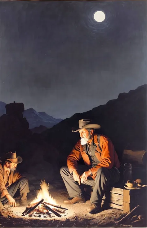 chalk and vermillion canvas oil painting of an old west prospector (sitting:1.2) next to a dying campfire late at night, midnigh...