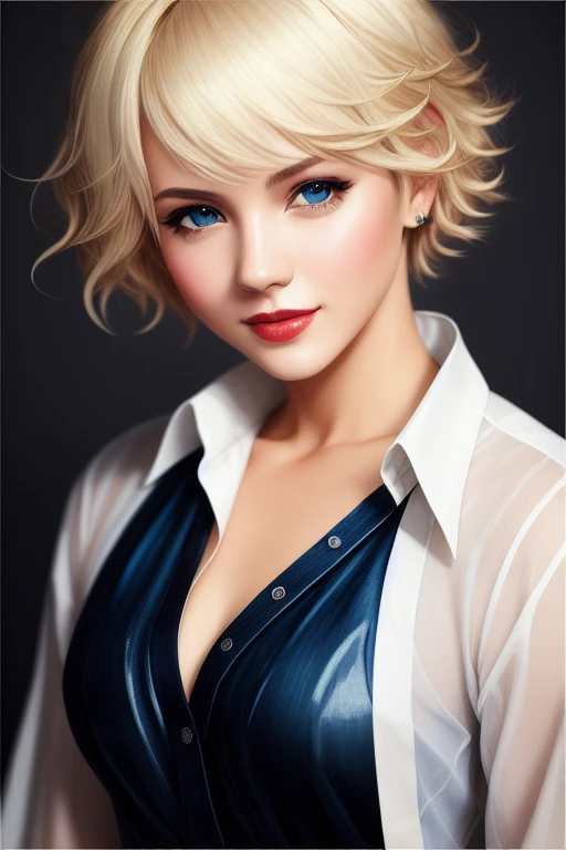 wet shirt, open shirt, blonde hair, short hair, blue eyes, eyeshadow, kneeling, woman, smiling, red lips, nostalgia, high five, ...