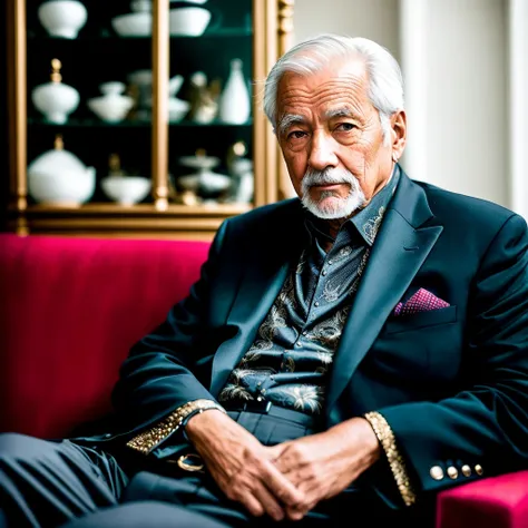 modelshoot style of a old man sitting on a couch in a room with a glass case behind, dressed with expensive clothes, he is weari...