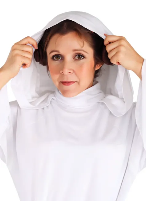 portrait of Carrie Fisher, smiling , wearing cape , with Princess Leia hair , background white epic (photo, studio lighting, hard light, sony a7, 50 mm, matte skin, pores, colors, hyperdetailed, hyperrealistic), <lyco:Carrie Fisher:1.1>