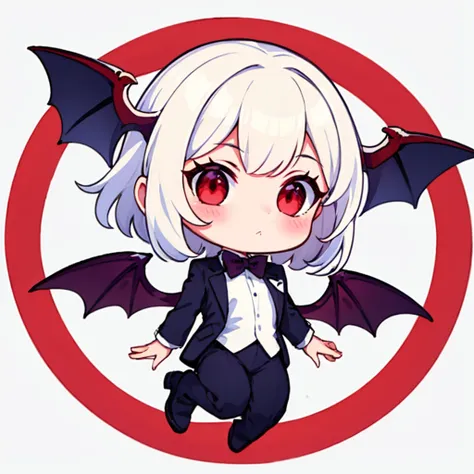 ((full_body)), 1girl, tuxedo,  vampire, red_eyes, demon_wings, head_wings, bowtie, white_background, naughty face, flying,
<lyco:chibi style-000020:0.8> (chibi:0.6),