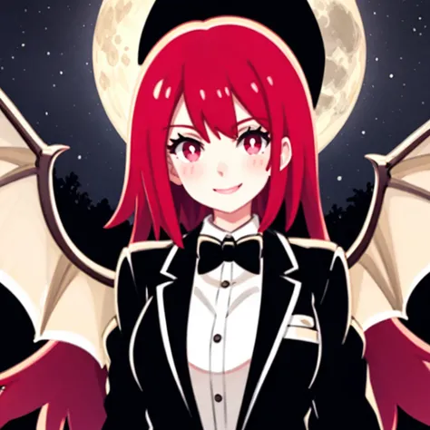 curvy, (vampire:0.5), head wings AND bat_wings, solo, 1girl, (tuxedo:1.4),  belt, (upper body:1.2), full moon,  planet, night sky, seductive smile <lyco:kiwi style V4:0.25>, fashion manga style, short hair, straight hair, vampire, red eyes,  <lora:ShoujoMi...