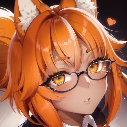 1girl, fox ears and (animal ear fluff), (dark skin:1.1), wolf tail, solo, orange hair, glasses, short hair, pleated skirt, sweat...