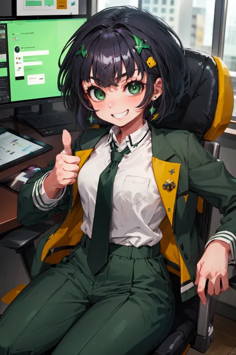 masterpiece,best quality,1girl,ppgzkor,green eyes,black hair,short hair,hair ornament,green business suit,necktie,pants,sitting on office chair,thumbs up,grin,office,cowboy shot,<lora:PPGZ-Kaoru_Matsubara:1>,