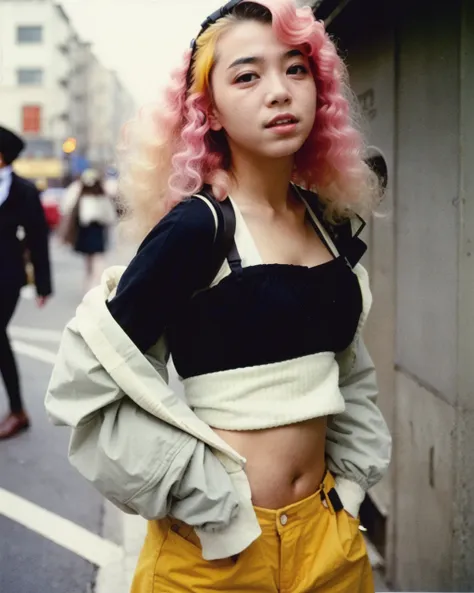 color film photograph, young woman, atomic punk, city street, makeup, pink lipstick <lora:80s japan 2:0.5>