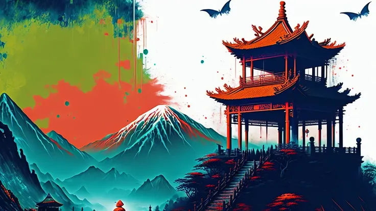 mdjrny-pntrt, chinese shrine, contrasting colour palette