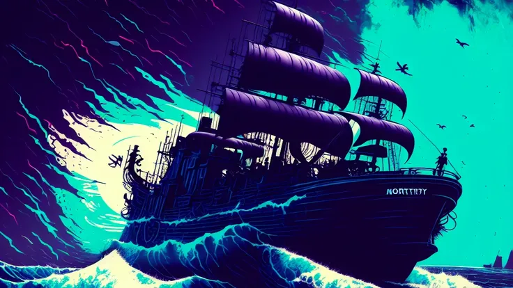 mdjrny-pntrt illustration style, ocean, pirate ship, sea, contrasting colour palette