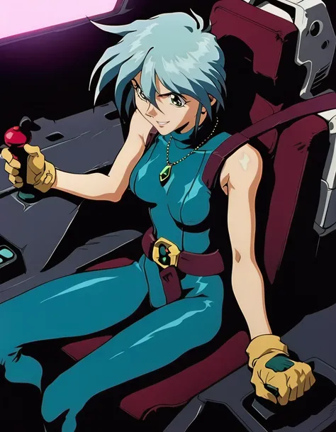 1girl,allenby beardsley,g gundam,blue bodysuit,sleeveless bodysuit,breasts,gem,green gemstone, green eyes,hair between eyes,jewelry,light blue hair,necklace,short hair,solo, turtleneck bodysuit, yellow gloves, smile, gundamwingcockpit,joystick,seatbelt,sit...