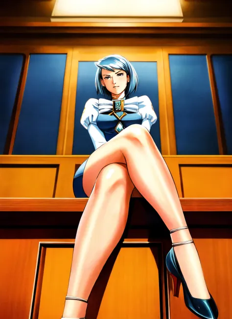 1girl, (mei karuma), sitting, legs crossed, thighs, thigh focus, courtroom, dynamic lighting, artgerm, 1940s pin-up ad, thick ou...