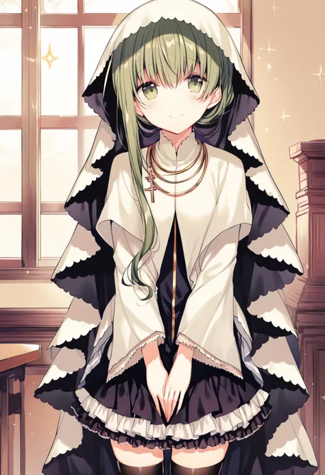 1girl, cecilia \(shiro seijo to kuro bokushi\), official art, green eyes, green hair, smile, thighhighs, solo, black legwear, lo...