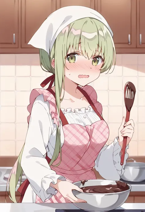 score_9, score_8_up, score_7_up, best quality, masterpiece, source_anime BREAK
1girl, cecilia (shiro seijo to kuro bokushi), anime screencap, solo, blush, eyebrows visible through hair, green hair, spatula, open mouth, green eyes, blurry background, chocol...