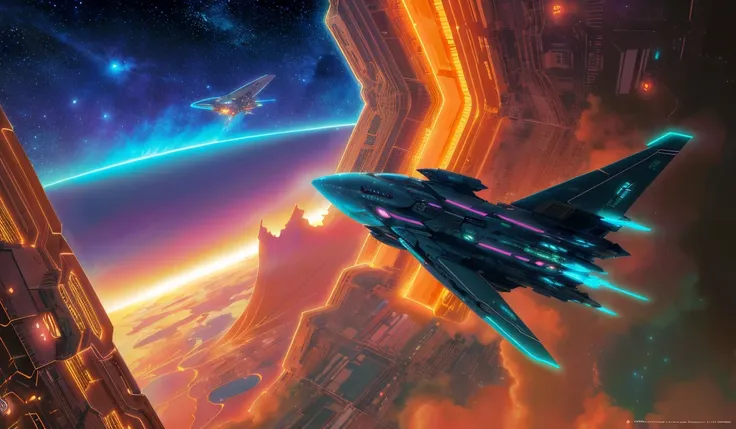 spaceship flying over a city in a sci - fi world