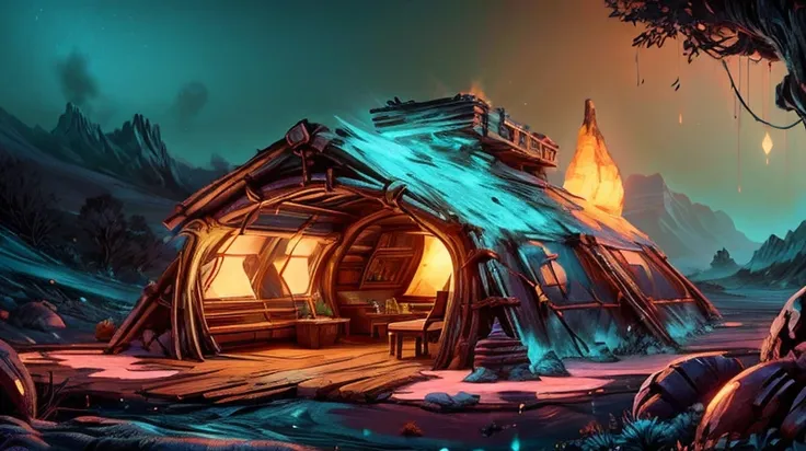 a close up of a small hut in a mountain with a fire