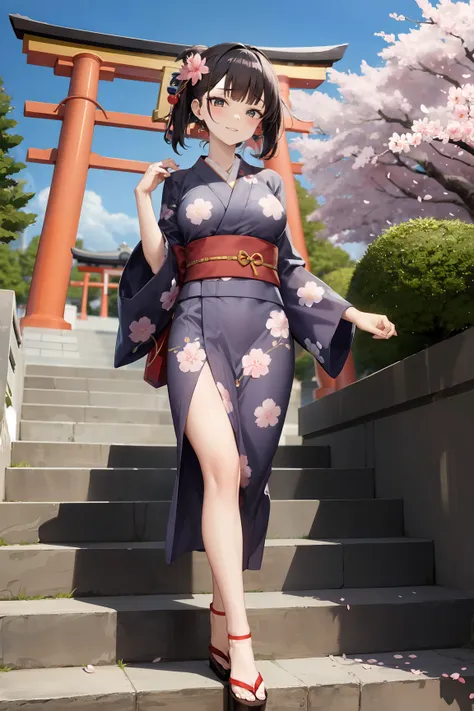 (masterpiece:1.2), 1lady, Cherry blossoms, torii, yukata, stone steps, sky