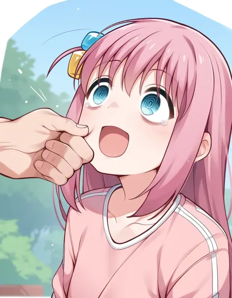 anime girl with pink hair and blue eyes eating something