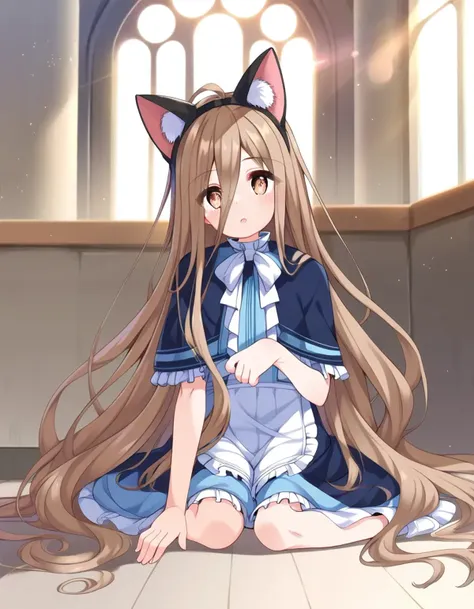 anime girl with long hair sitting on the floor in a church