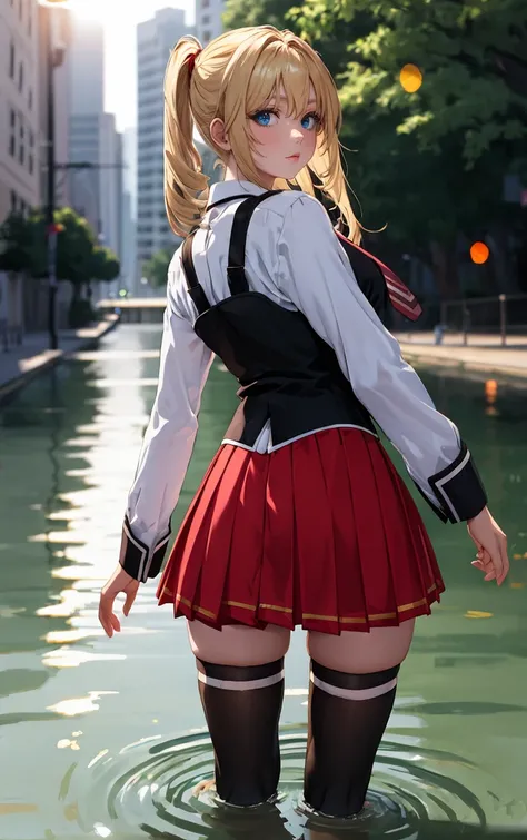 anime girl in a red skirt standing in a body of water