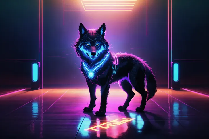 a wolf standing in a neon room with a neon light