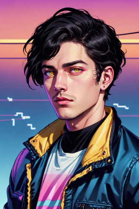 masterpiece, official art, Wave Art Style, (masterpiece, best quality, ultra-detailed, highres), 1boy, black hair, closed mouth, gradient, gradient background, jacket, looking at viewer, male focus, portrait, short hair, solo, yellow eyes, high detailed, 8...