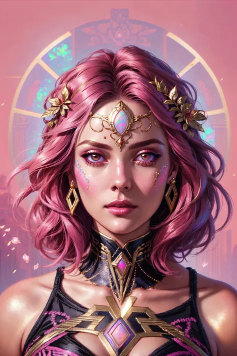 snthwve style nvinkpunk (symmetry:1.1) (portrait of floral:1.05) a woman as a beautiful goddess, (assassins creed style:0.8), pink and gold and opal color scheme, beautiful intricate filegrid facepaint, intricate, elegant, highly detailed, digital painting...