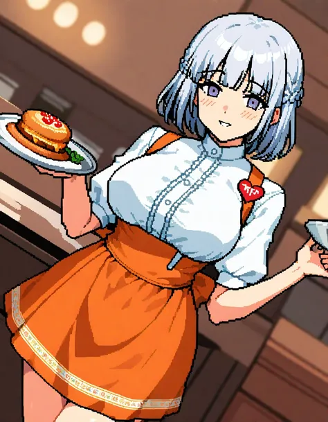 1girl,rpk-16 (girls frontline), girls frontline,  short hair, purple eyes, large breasts, parted lips, narrow waist, bursting breasts, choker, pc-98 (style), pixel art, solo focus,
anna miller, waitress,name tag,high-waist skirt,suspender skirt, orange apr...