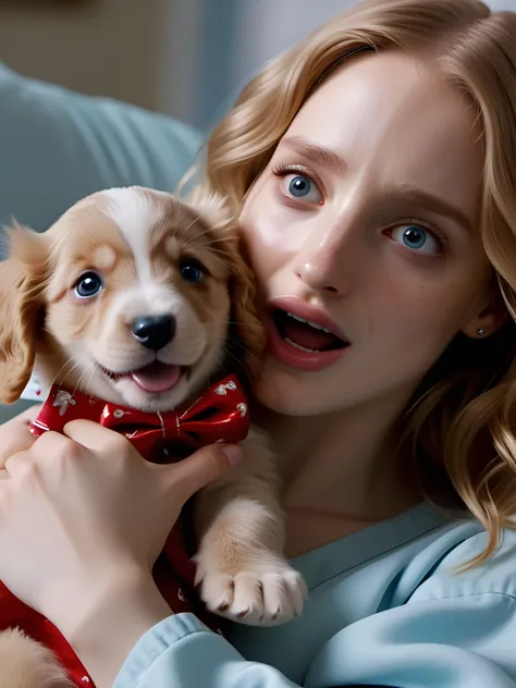 holding a puppy with a bow, freaking out, happy, scared, crying, pretty blond wavy hair, cute pajamas, beautiful face, young Ana De Armas, young Jessica Chastain, scared of puppy, Ultra Realistic, Extreme Realism, A Vivid UHD Photograph, 8K, extremely deta...