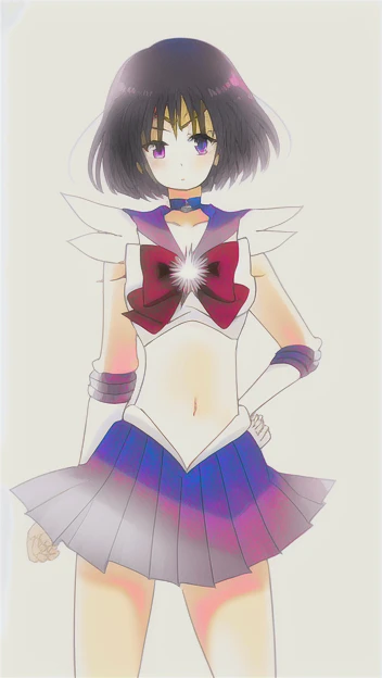 1girl, back_bow, bow, choker, cowboy_shot, hand_on_hip, short_hair, magical_girl, midriff, navel, pleated_skirt, purple_sailor_collar, purple_skirt, sailor_collar, sailor_senshi_uniform, skirt, solo, 
 <lora:hotaruTomoeSailorSaturn_v10:1> sailor Saturn