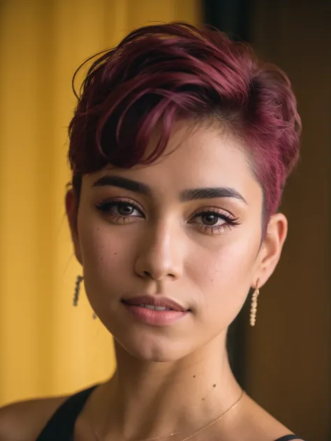 (d850 35mm), portrait photo of a young hispanic woman with (short hair:1.1), wearing a sundress high neckline, tattoos, detailed...