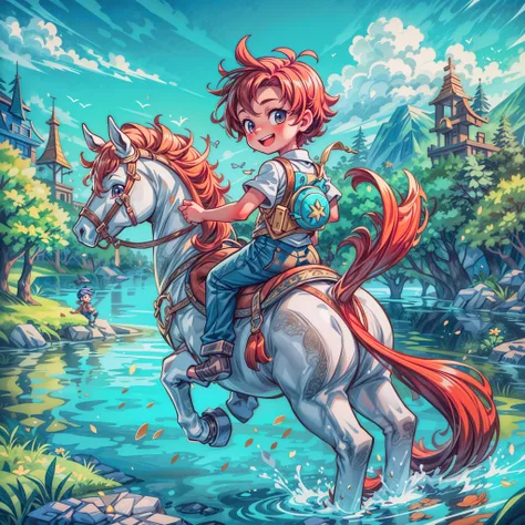 masterpiece, best quality, intricate details, professional illustration, (solo child boy:1.1), looking back, playful smile, over shoulder view, riding horse, lakeside <lora:add_detail:0.5> <lora:more_details:0.5>