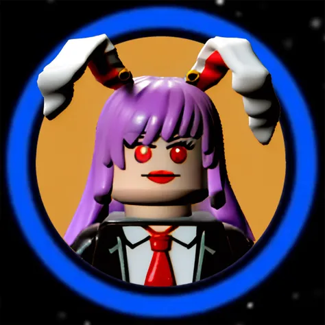 a close up of a lego figure with a purple hair and a red tie