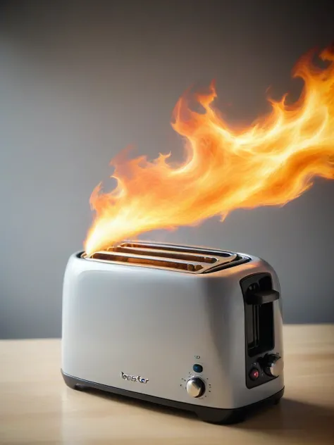 Toaster, <lora:FireBreath:0.7> breathing fire, indoors