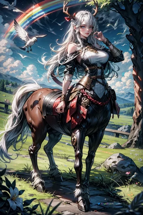 hd, absurdred, 8k, high quality, volumetric lighting,
centaur, taur, 1girl, large breasts, standing, antlers, grassy hills, very long hair, birds, rainbow, bird on finger,
<lyco:centaurfuta_v1.0_locon_AdamW8bits:0.7>,  <lora:add_detail:0.9>