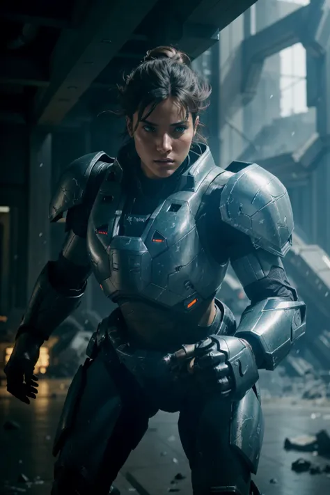 cinematic still shot of  a female soldier, serious looking, glowing armor, wearing Parrley_armor, big bulky futuristic armor,    missiles, lasers, 
(battle stance, action pose, running), epic scene
city ruin, explosions, smokes, dark, dim light
 photoreali...