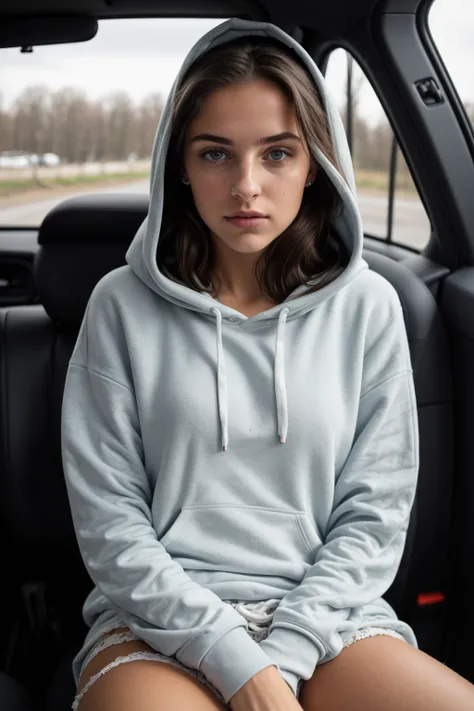 RAW photo, a 22-year-old-girl, upper body, selfie in a car, blue hoodie, inside a car, driving, (lipstick:0.7), soft lighting, high quality, highres, sharp focus, extremely detailed, (sunlight on face), beautiful detailed eyes, masterpiece, cinematic light...