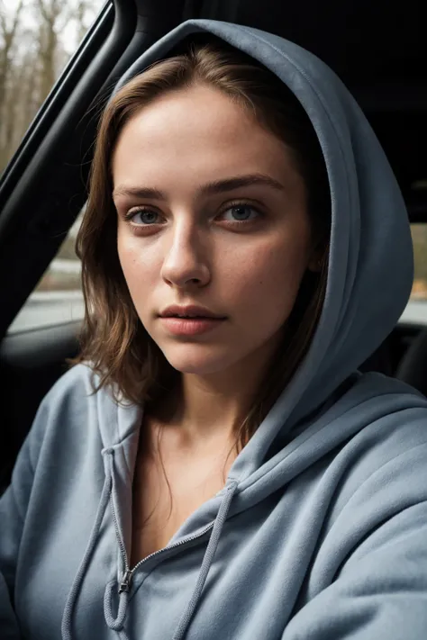 RAW photo, a 22-year-old-girl, upper body, selfie in a car, blue hoodie, inside a car, epicRealism