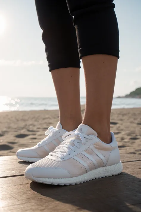 RAW photo BREAK white adidas sneaker on a wooden table, beach in background, Bokeh BREAK detailed, sunrays, sunlight, cinematic lighting, professional colorgraded