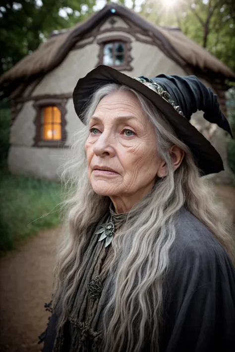 an old (witch:1.3) crone, wrinkled face, hair blowing in wind, (face focus:1.2), outside her (witch cottage:1.4) under trees, looking at viewer, realistic, masterpiece, highest quality, backlighting, (lens flare:1.1), (bloom:1.1), (chromatic aberration:1.1...