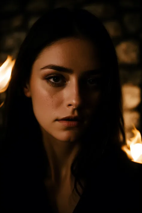 closeup, look at the camera, girl, no makeup, focus face, dark fantasy, dungeon, stone walls, torch, darkness, Full Frame, 35 mm, bokeh, (cinema shot)